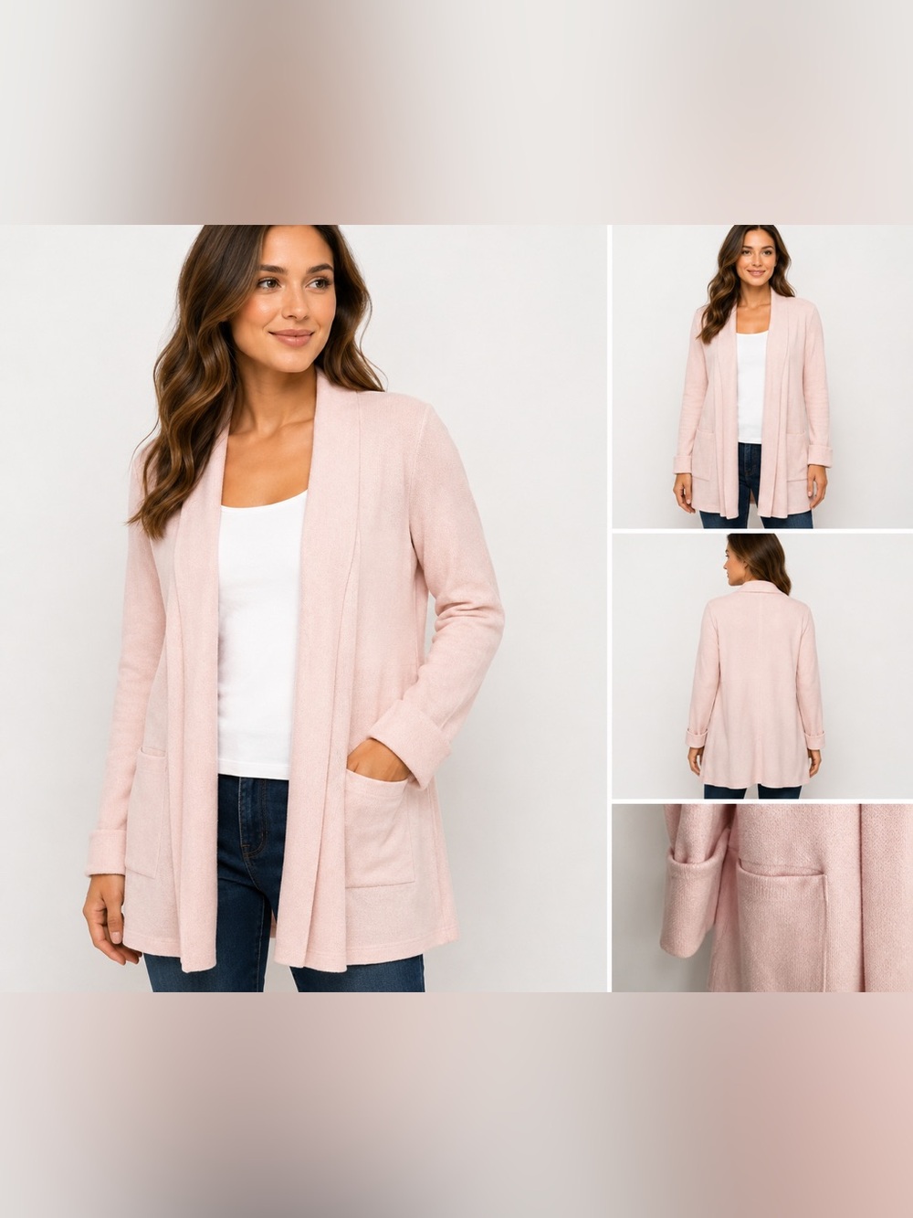 NWT ELLE Women’s Open Front Cardigan Sweater Blush Pink Pockets XS Soft Knit